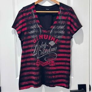 Vintage Harley Davidson Shirt - Red & Black Stripe V-Neck Y2K Top L